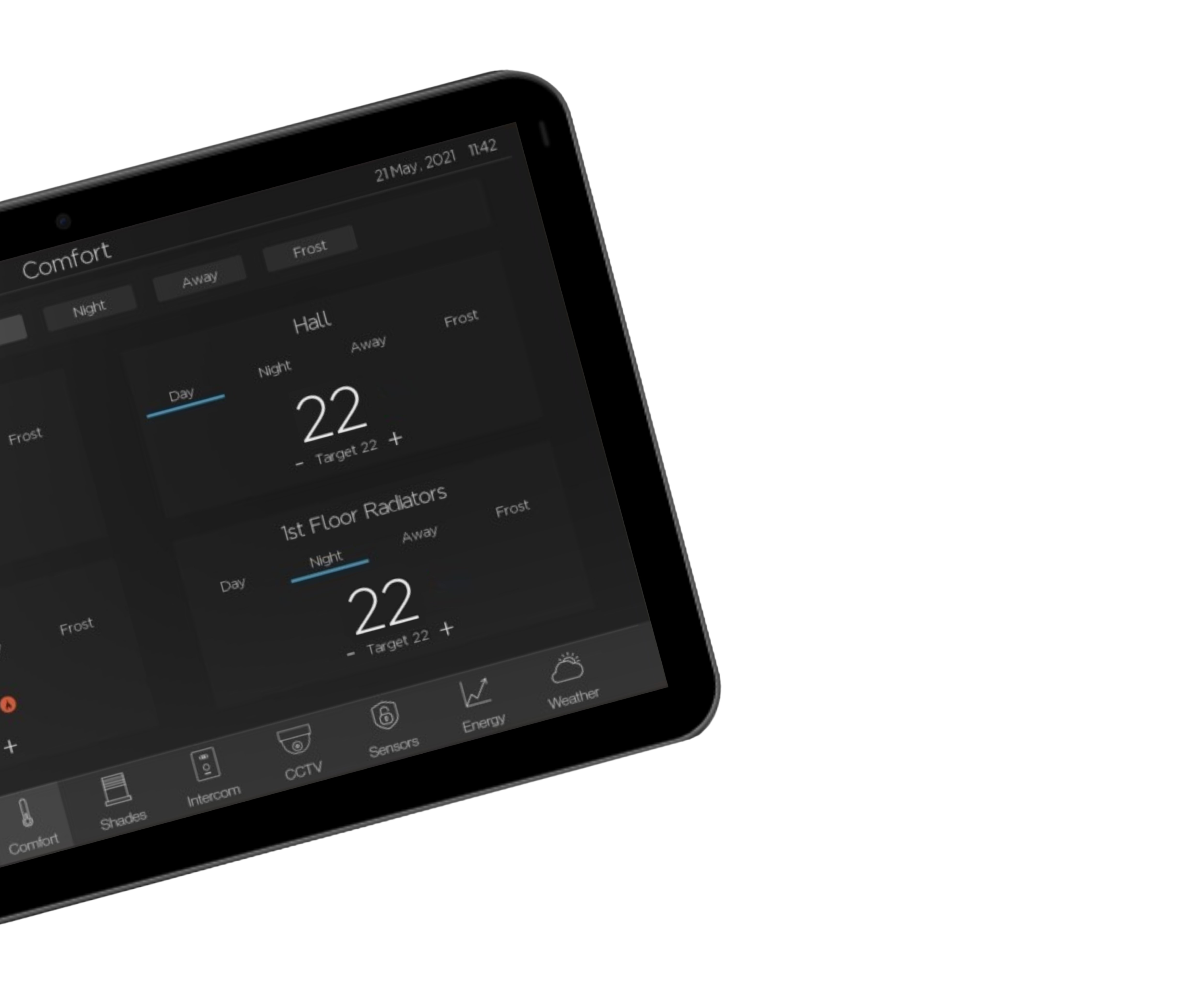 Tablet screen displaying room control settings for smart home automation.